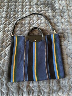 Longchamp Navy Tote with Multicolor Stripes and Blk Leather Detachable Straps